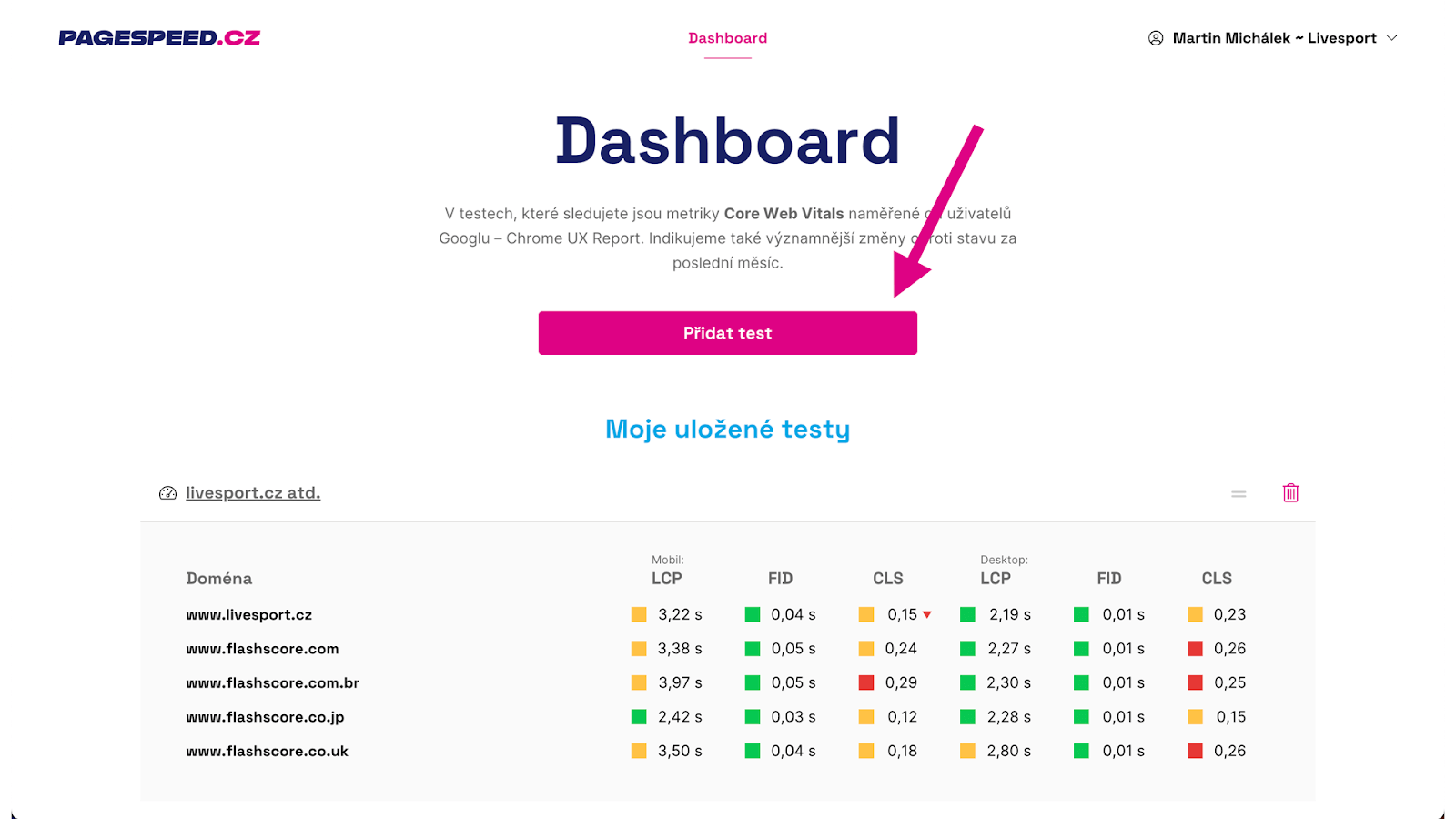 Přidávání testu do dashboardu