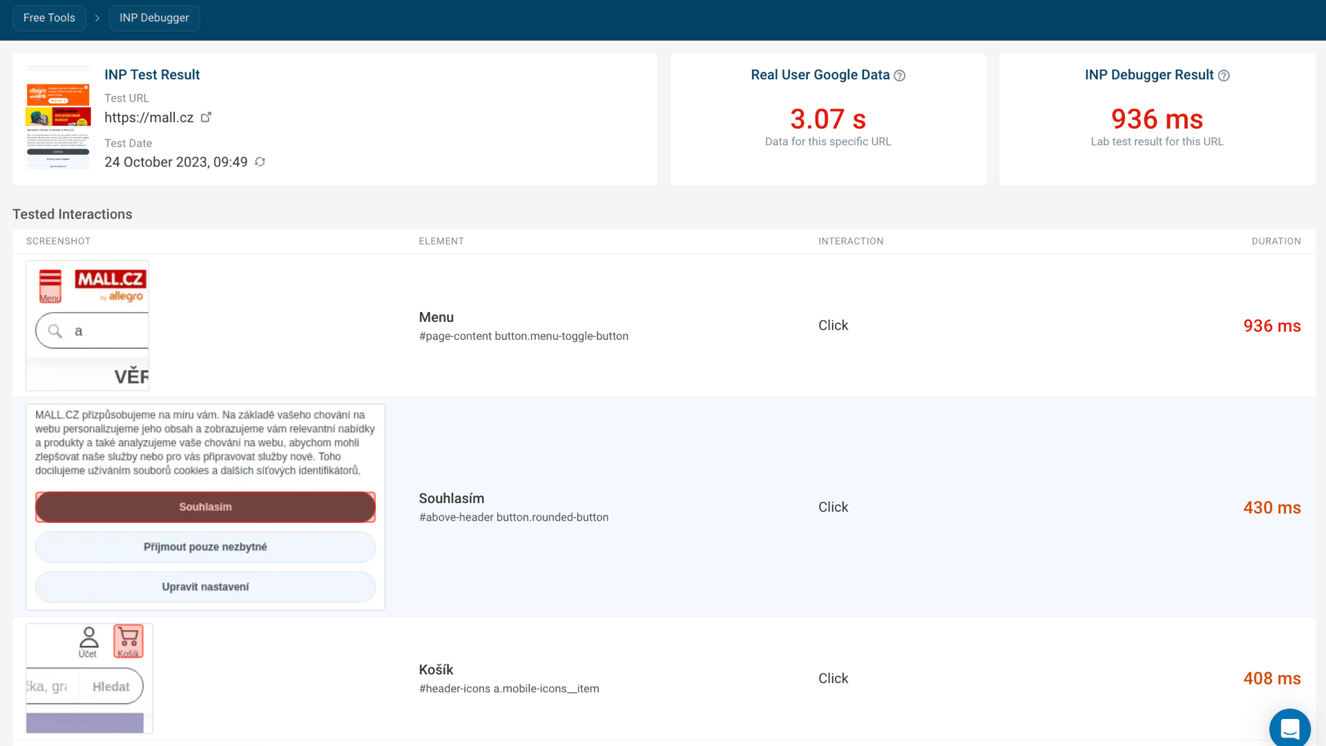Nástroj Debugbear a jeho měření INP