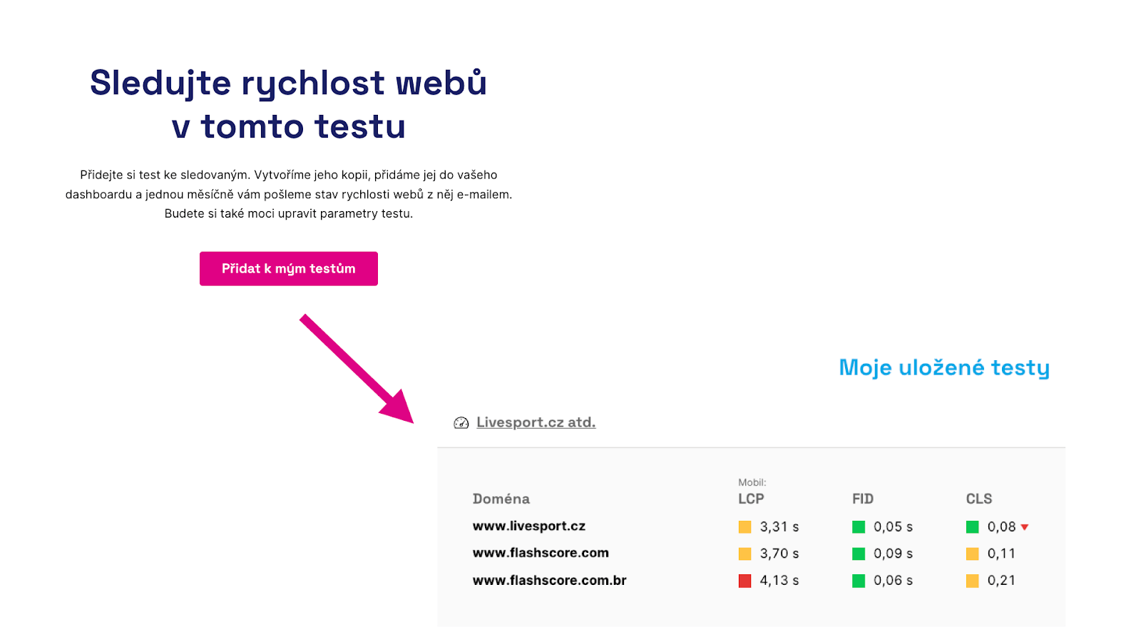 Přidání testu do dashboardu